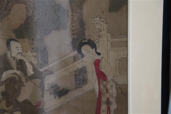 A Chinese painting on silk of a scholar and two attendant ladies in a garden, 18th / 19th century, 27.5 x 29cm